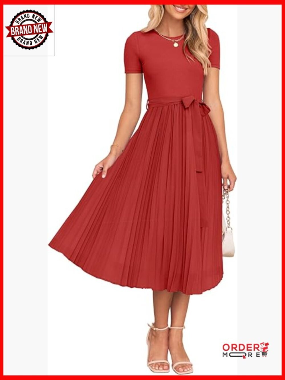 Short Sleeve Midi Dress - Knit Belted Pleated A-Line Flowy Wedding Guest
